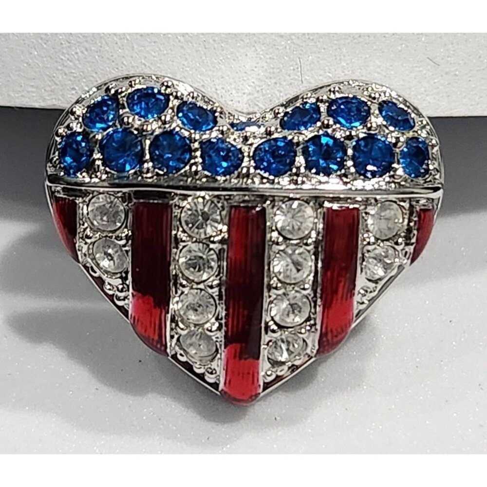 Swarovski Patriotic Crystal Heart Brooch Pin W/Red White & Blue Crystals